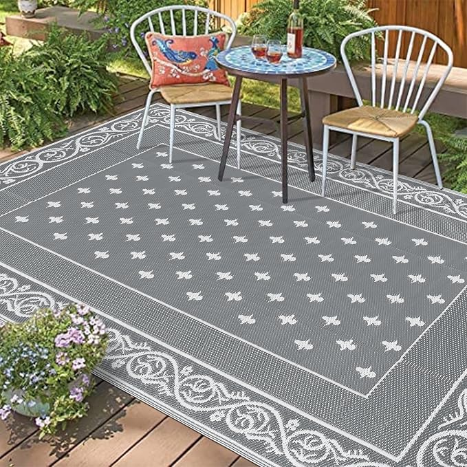 Pauwer Waterproof Outdoor Rug 9x12, Reversible Plastic Straw Patio Camping Rug, Indoor Outdoor RV Mat Carpet for Deck, Camper, Porch, Balcony, Backyard, Picnic, Bordered Grey