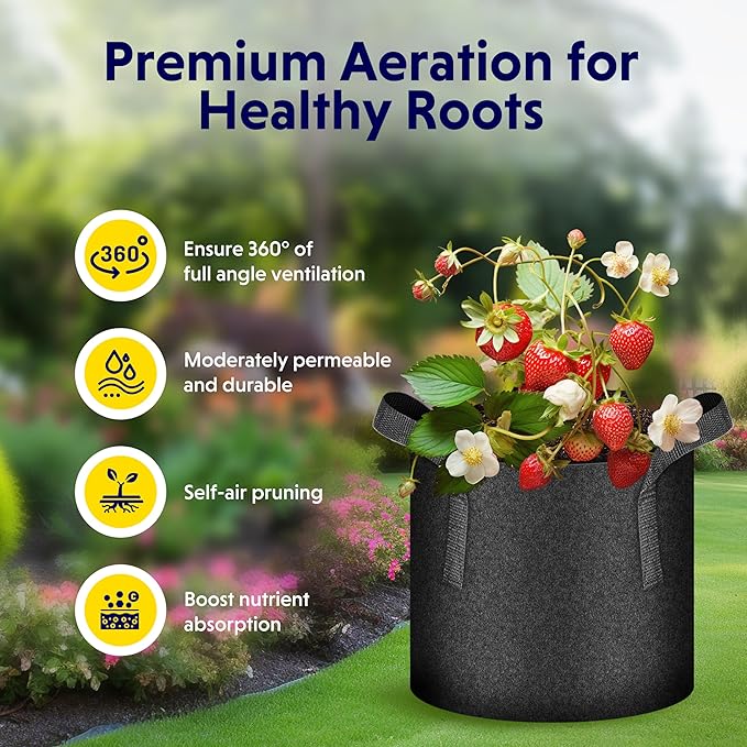 iPower 20 Gallon (Pack of 5) Plant Grow Bags Thickened Nonwoven Aeration Fabric Pots Heavy Duty Durable Container, Strap Handles for Garden, Black