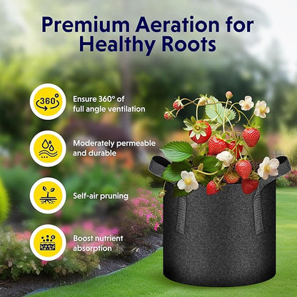 iPower 5-Pack 5 Gallon Plant Grow Bags Thickened Nonwoven Aeration Fabric Pots Heavy Duty Durable Container, Strap Handles for Garden, Black