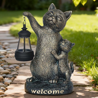 Cat Garden Statue Outdoor Decor - Solar Cat Garden Statue,Cats Figurine Ornaments,Waterproof Outdoor Sculptures for Yard Lawn Backyard Patio Balcony Home Decorations,Unique Cats Gifts for Women