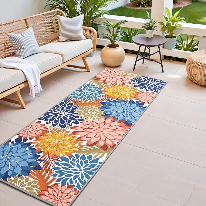 Colorful 2x6 Washable Runner Rug for Hallway Tropical Botanical Modern Floral Chenille Kitchen Rugs Low Pile Non Slip Carpet for Patio, Bedroom, Laundry, Vivid Dahlia