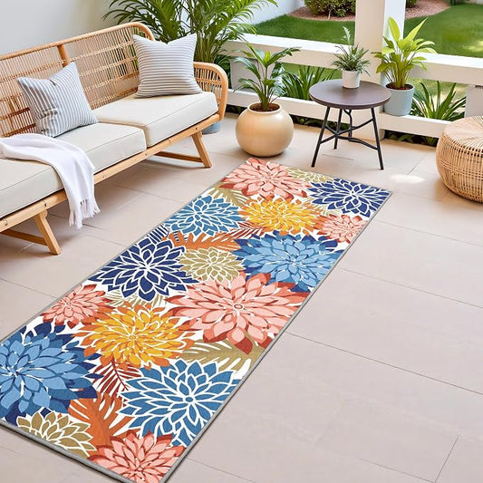 Colorful 2x6 Washable Runner Rug for Hallway Tropical Botanical Modern Floral Chenille Kitchen Rugs Low Pile Non Slip Carpet for Patio, Bedroom, Laundry, Vivid Dahlia