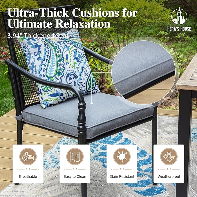 HERA'S HOUSE Outdoor Patio Chairs Set of 2, Garden Lawn Backyard Metal Dining Chairs with Arms and Seat Cushions