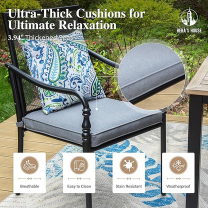 HERA'S HOUSE Outdoor Patio Chairs Set of 2, Garden Lawn Backyard Metal Dining Chairs with Arms and Seat Cushions