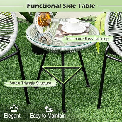 COSTWAY 3-Piece Outdoor Acapulco Chair Set, Wicker Conversation Bistro Sets with Plastic Rope, Glass Top Table, Patio Rattan Furniture Set for Garden, Balcony, Lawn, Backyard, Apartment, Grey