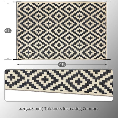 SAND MINE Reversible Mats, Plastic Straw Rug, Modern Area Rug, Large Floor Mat and Rug for Outdoors, RV, Patio, Backyard, Deck, Picnic, Beach, Trailer, Camping, Black & Beige, 6' x 9'