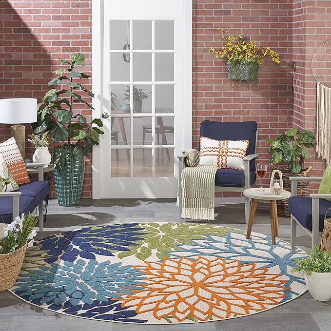 Nourison Home Aloha Indoor/Outdoor Multicolor 7'10'' x Round Area-Rug, Tropical, Botanical, Easy-Cleaning, Non Shedding, Bed Room, Living Room, Dining Room, Deck, Backyard, Patio (8 Round)