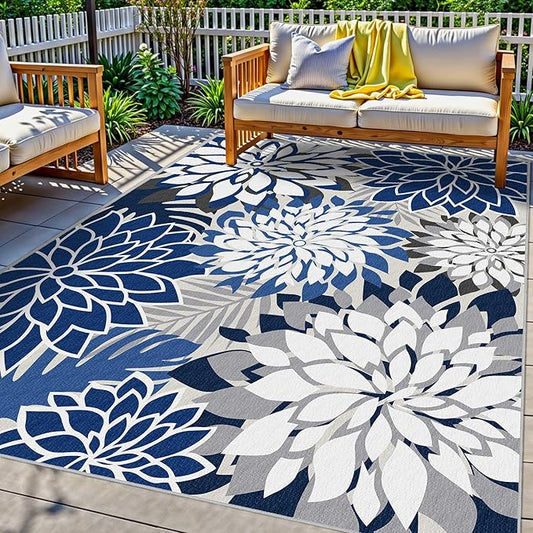 5x8 Outdoor Area Rug Washable Multicolored Patio Rug Tropical Botanical Floral Chenille Waterproof Outdoor Carpet for Living Room, Deck, Backyard, Porch, Blue