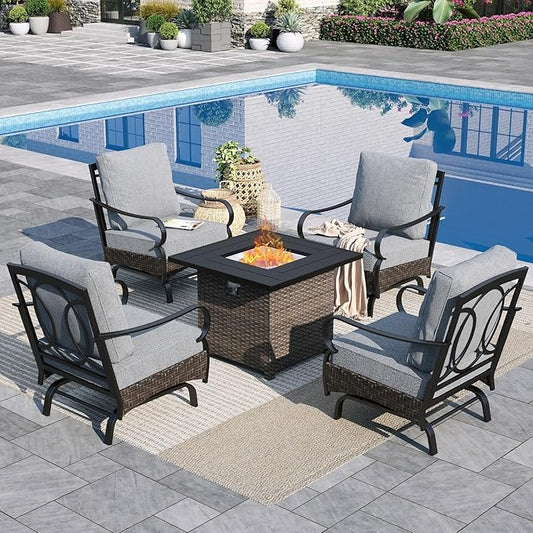 Sophia & William Patio Furniture Set with Fire Pit Table, 5 PCS Metal Outdoor Conversation Set Sofa Couch with Fire Pit Table, 4 Sofa Chairs for Outdoor Seating,Backyard,Porch(Grey)