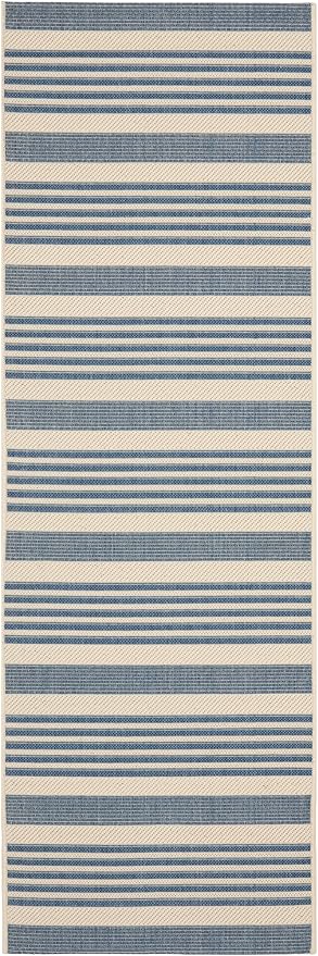 SAFAVIEH Courtyard Collection 2'3' x 20' Beige/Blue CY6062 Stripe Indoor/ Outdoor Patio Backyard Mudroom Runner Rug