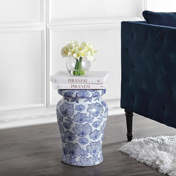 JONATHAN Y Poppies 17.75" Ceramic Drum Garden Stool, Traditional White and Blue Floral Chinoiserie Indoor/Outdoor Side Table, Plant Stand, Patio, White/Blue TBL1018A