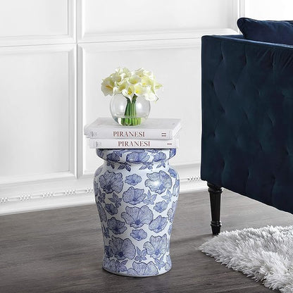 JONATHAN Y Poppies 17.75" Ceramic Drum Garden Stool, Traditional White and Blue Floral Chinoiserie Indoor/Outdoor Side Table, Plant Stand, Patio, White/Blue TBL1018A