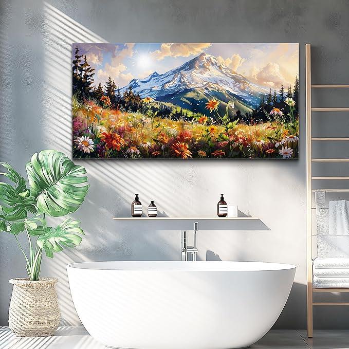 FUHAIHUA Canvas Wall Art For Living Room Large Framed Wall Decor For Office Modern Bedroom Decorations Mountain Flower Landscape Pictures Farmhouse Paintings Artwork Aesthetic Home Decor 30x60 In