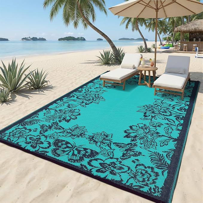 Garvee Outdoor Rugs 8’x10’ Waterproof Reversible Mats, Large Area Plastic Straw Rug, Outside Carpet, Butterfly Floral Rv Mat for Patio Camping Picnic Backyard Deck Balcony Porch Beach Trailer