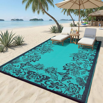 Garvee Outdoor Rugs 8’x10’ Waterproof Reversible Mats, Large Area Plastic Straw Rug, Outside Carpet, Butterfly Floral Rv Mat for Patio Camping Picnic Backyard Deck Balcony Porch Beach Trailer