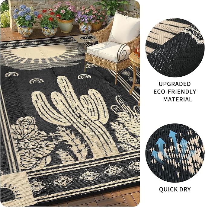Garvee Waterproof Outdoor Rug 5x8, Cactus Botanical Outdoor Plastic Straw Rug for Camping, Reversible RV Mat Outside, Indoor Outdoor Carpet for Porch, Deck, Backyard, Balcony, Picnic, Black & Brown