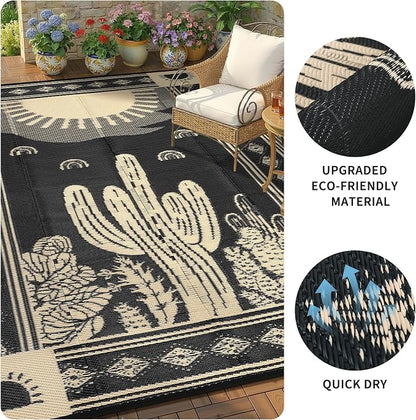 Garvee Reversible Cactus Outdoor Rug 8x10 for Patio, Waterproof Outdoor Area Rug, Modern Desert Botanical Indoor Outdoor Rugs, Plastic Straw Rug for RV, Camping, Deck, Black & Brown