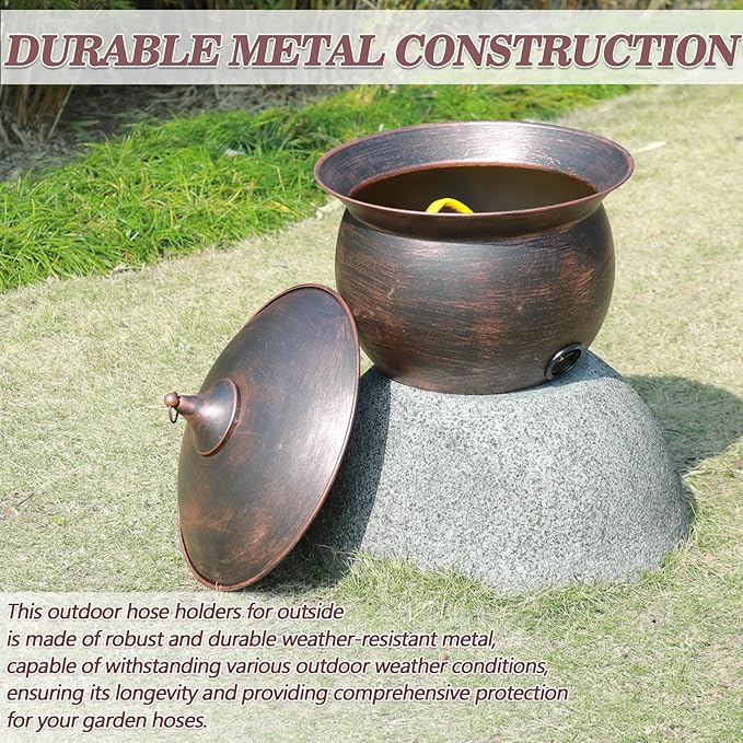 Metal Garden Hose Storage Pot, Vintage Copper Finish Hose Holder with Lid, Heavy-Duty Outdoor Water Hose Container for Patio/Yard/Lawn Decor