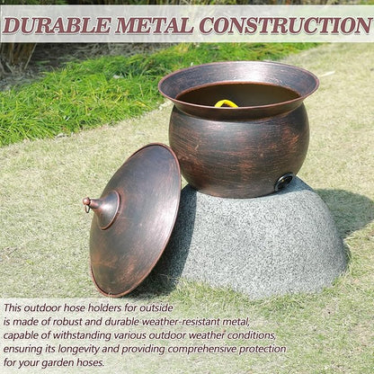 Metal Garden Hose Storage Pot, Vintage Copper Finish Hose Holder with Lid, Heavy-Duty Outdoor Water Hose Container for Patio/Yard/Lawn Decor