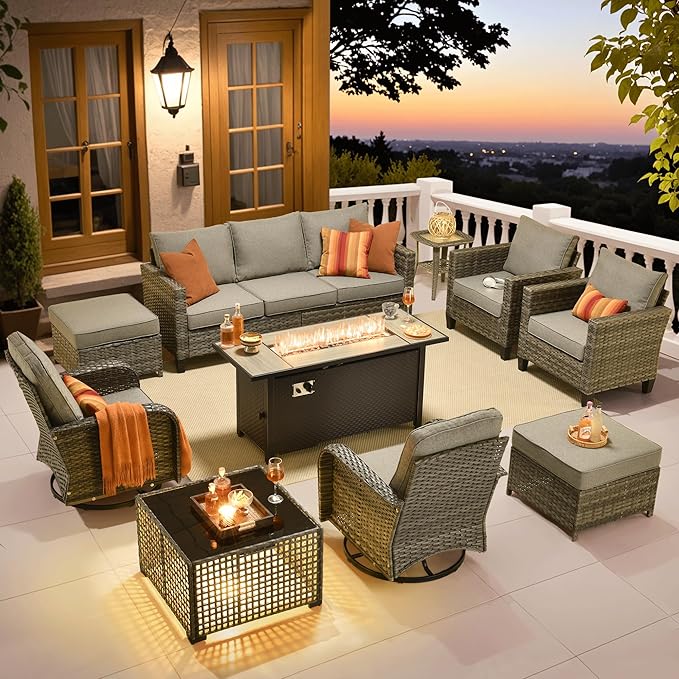 ovios 10 Pieces Patio Furniture Set, Outdoor Wicker Sofa Couch with Rocking Swivel Chairs Solar Lights Table Fire Pit, Modern Deep Seat Rattan Conversation Sets, Dark Grey