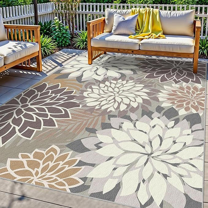 4x6 Washable Rug for Living Room Tropical Botanical Modern Floral Chenille Area Rugs Low Pile Non Slip Carpet for Patio, Bedroom, Laundry, Taupe