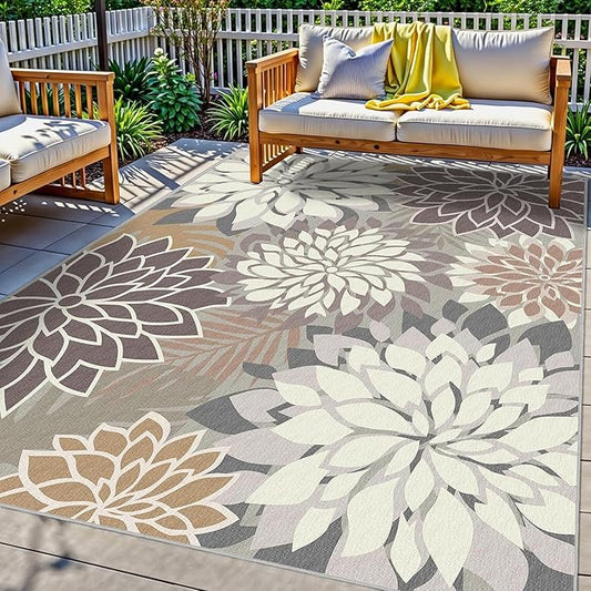 4x6 Washable Rug for Living Room Tropical Botanical Modern Floral Chenille Area Rugs Low Pile Non Slip Carpet for Patio, Bedroom, Laundry, Taupe