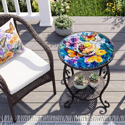Outdoor Side Table, Small Patio Table Round Metal Outside Coffee End Table for Balcony Bistro Porch Yard Garden Patio Living Room（Butterfly