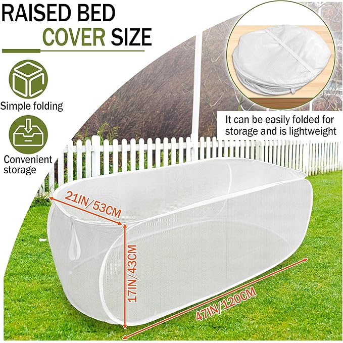 2PCS 47" x 21" x 17" Garden Netting for Raised Beds, Foldable Raised Garden Bed Cover with Ground Nail, Raised Bed Cover Fit 4 x 2ft Garden Beds, Insect Bird Control, Plant Protection