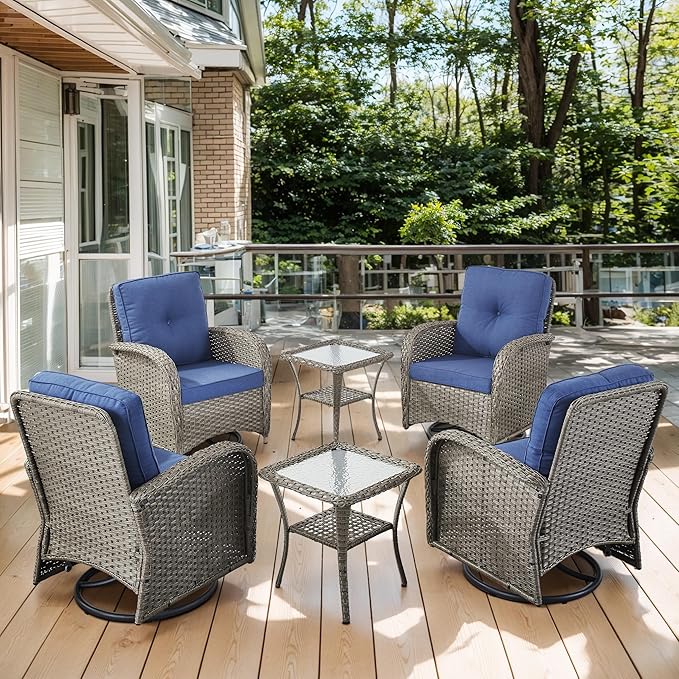 Outdoor Swivel Glider Rocker Chairs Set of 4 - Wicker Patio Furniture Set All Weather Patio Conversatio Sets with 2 Tempered Glass Side Table for Deck Backyard - Grey Wicker Blue Cushion