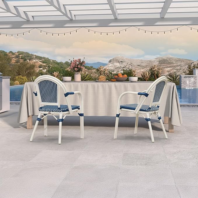 PURPLE LEAF French Bistro Chairs Set of 2 Aluminum Wicker Rattan Hand-Woven Armchairs Outdoor Dining Chairs for Patio Kitchen Garden White Print Finish Deep Blue