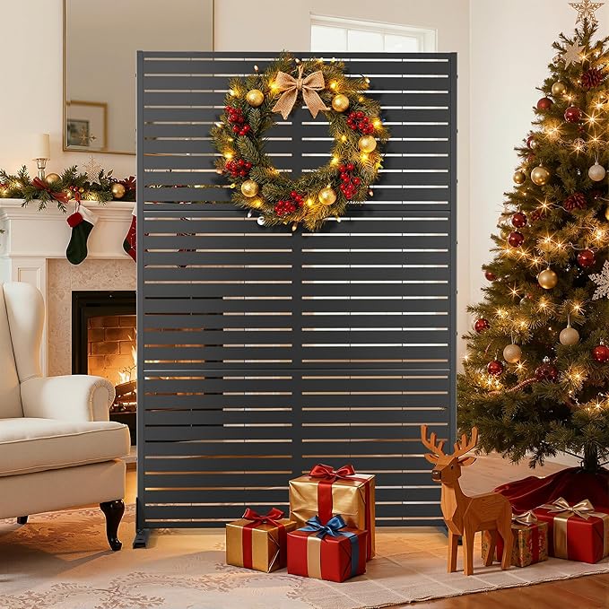 Metal Privacy Screen with Stand 72" H×47" W Outdoor Freestanding Privacy Screen & Panels, Outdoor Privacy Screen for Deck Patio Balcony(Black-Louvered)