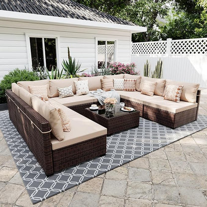 UPHA 9 Pieces Patio Furniture Sets Outdoor Sectional Sofa Wicker Conversation Couch for Decks, Backyards, Gardens, Brown Rattan, Beige Cushion