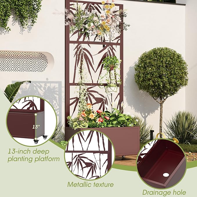 Metal Mobile Planter Box with Trellis, 75"x 32"x 15" Moblie Planter Box Trellis with Privacy Screen, Drainage Holes and 4 Lockable Wheels, Brown, Bamboo Style