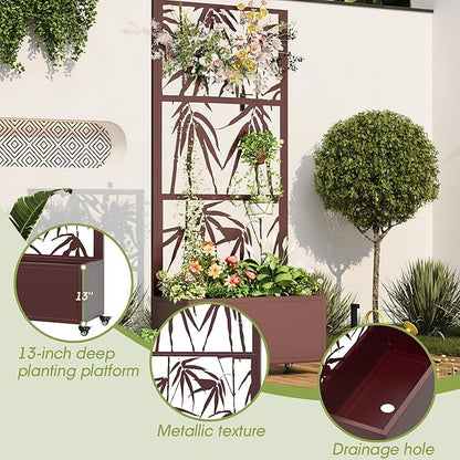 Metal Mobile Planter Box with Trellis, 75"x 32"x 15" Moblie Planter Box Trellis with Privacy Screen, Drainage Holes and 4 Lockable Wheels, Brown, Bamboo Style
