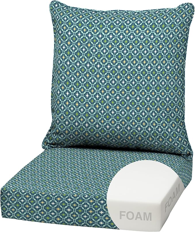 Arden Outdoor Foam Deep Seat Cushion Set, 22 in x 24 in, Weather-Proof, Rain-Proof, Fade Resistant Patio Cushion, Bottom and Back Cushion for Chair, Sofa, and Couch Alana Tile