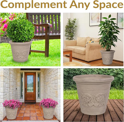 Sunnydaze 19.5-Inch Arabella Large Plastic Pot for Plants - Outdoor Double-Walled Polyresin Large Plastic Planter with Drillable Drainage Holes - Beige - 2-Pack