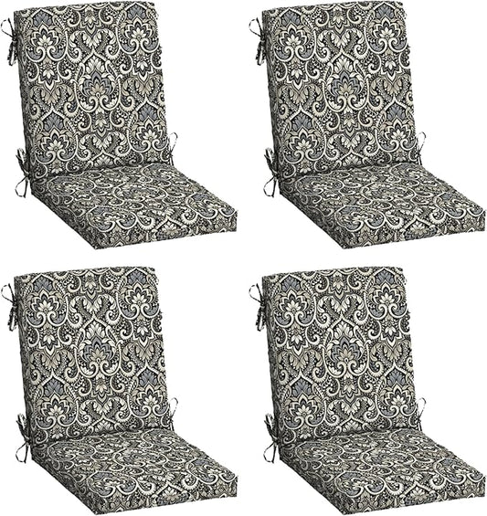 Arden 4-Pack Outdoor Patio Dining Chair Cushion, 20x44, Rain-Proof Seat Pad, Fade-Resistant Outdoor Cushion Black Aurora Damask