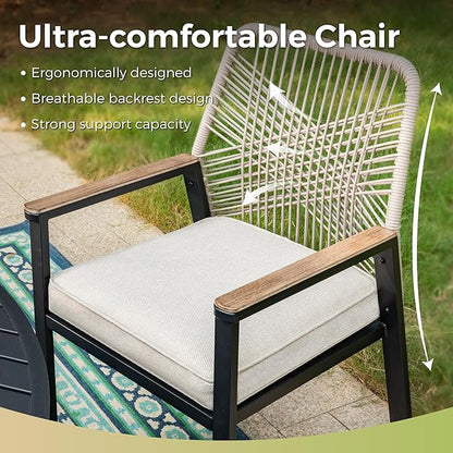 Patio Wicker Chair Sets of 8, Outdoor Dining Chairs with 3.1 inch Seat Cushions, Sturdy Metal Frame & Wood Grain Armrest, Patio Dining Chairs for Porch Backyard, Beige