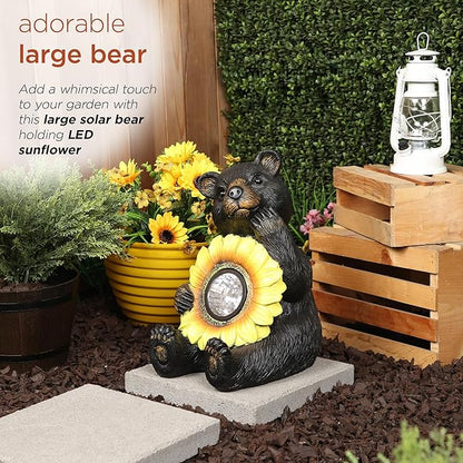 Alpine Corporation 16" H Outdoor Solar Powered Bear Statues with Sunflower LED Light, Brown/Yellow