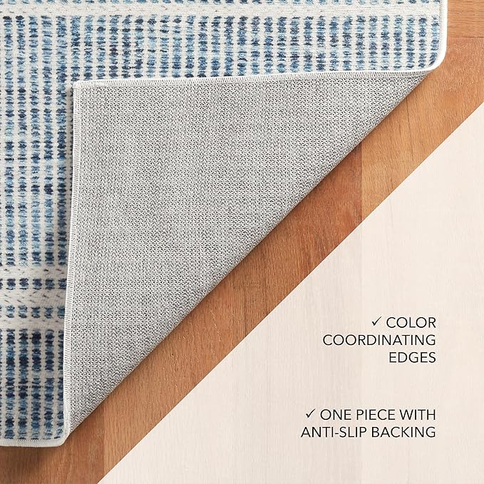 Dash and Albert Malta Blue Machine Washable Area Rug - 3' x 5' Blue Stripe Washable Accent Rug - Durable, High Traffic Areas Kitchen, Mudroom, Hallways