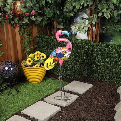 Alpine Corporation LYT276 Outdoor Metal Colorful Art Decor Palm Leaf Body Flamingo for Garden, Patio, Lawn, or Porch, 31" Tall, Multicolor