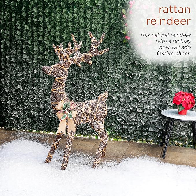 Alpine Corporation 48" Tall Outdoor Rattan Twig Grazing Reindeer Christmas Yard Decor with 80 Warm White LED Lights, Brown