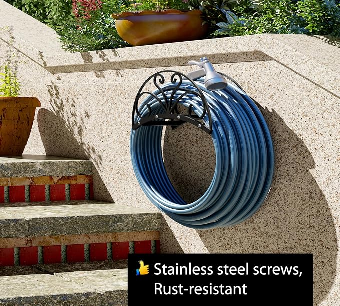 Fire Beauty Heavy-Duty Metal Hose Holder, Wall-Mounted Garden Hose Reel Organizer for Outdoor Yard, Solid Iron Decorative Hanger Storage