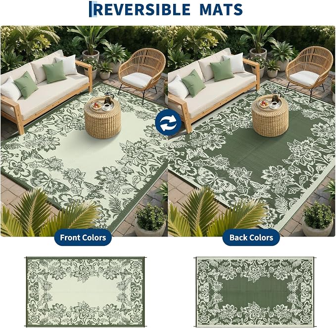 Garvee Outdoor Rugs 9' x 18’ Waterproof Reversible Mats, Large Area Plastic Straw Rug, Outside Carpet, Butterfly Floral Rv Mat for Patio Camping Picnic Backyard Deck Balcony Porch Beach Trailer