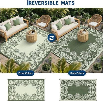 Garvee Outdoor Rugs 9' x 18’ Waterproof Reversible Mats, Large Area Plastic Straw Rug, Outside Carpet, Butterfly Floral Rv Mat for Patio Camping Picnic Backyard Deck Balcony Porch Beach Trailer