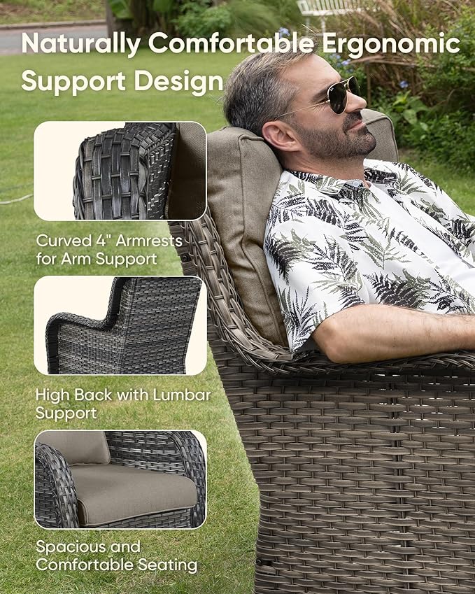 HUMMUH Patio Chair Wicker Patio Dining Chairs Set of 2 PE Rattan Deep Seating Outdoor Chairs with 4 inch Seat Cushions