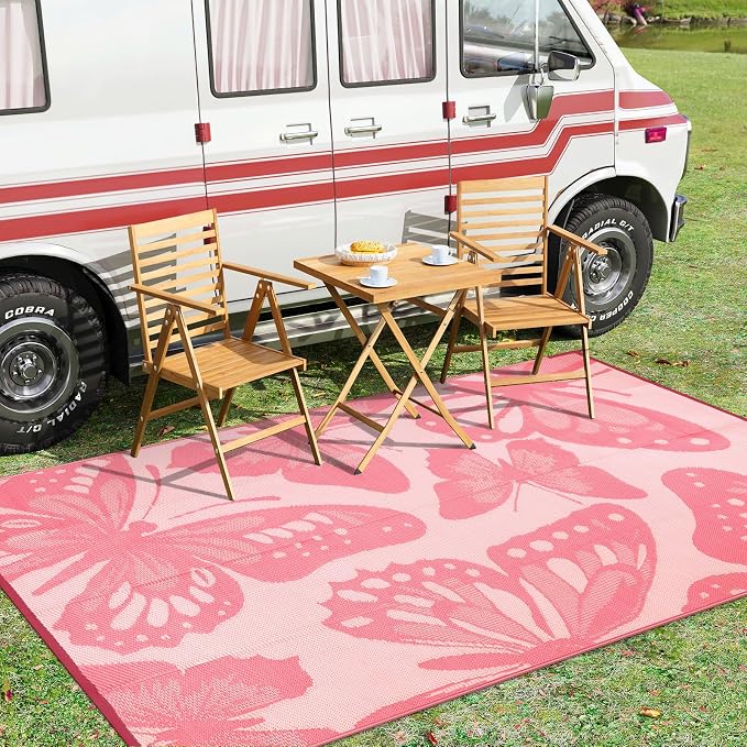 Anidaroel Pink Butterfly Outdoor Rug 6'X9' for Patios Waterproof Clearance, Reversible Plastic Straw Outside Rug, Outdoor RV Camping Rugs for Backyard, Beach, Camper, Pool Deck (Pink,6‘X9')