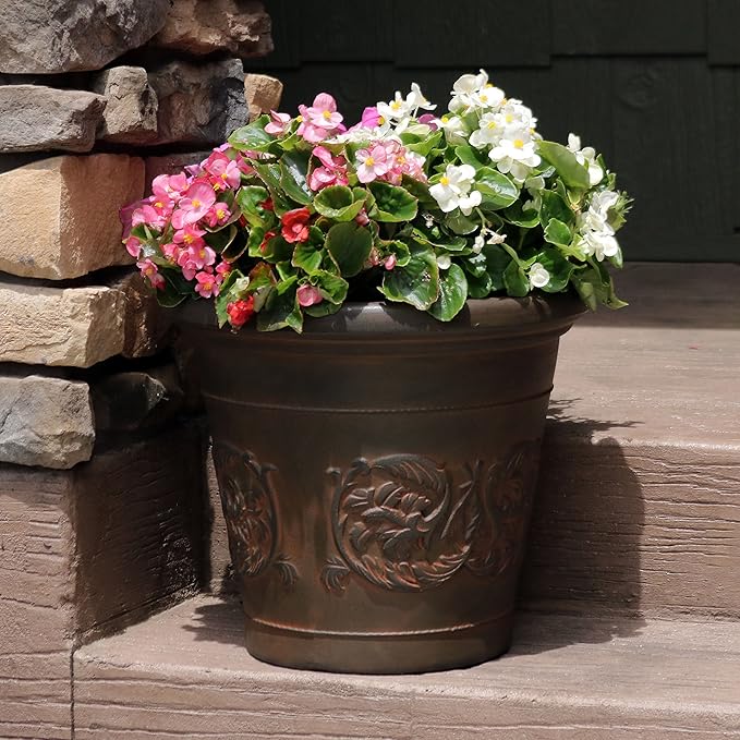Sunnydaze 16-Inch Arabella Large Plastic Pot for Plants - Outdoor Double-Walled Polyresin Large Plastic Planter with Drillable Drainage Holes - Rust