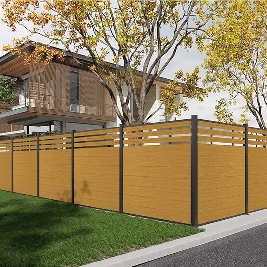 Mondaria Semi-Closed Privacy Fence Panels with 2 Posts for Outside, 6ft(W) x 6ft(H), Wind Resistant Wood Plastic Composite Fencing Panels for Patio, Backyard, Garden and Pool, Yellow Teak