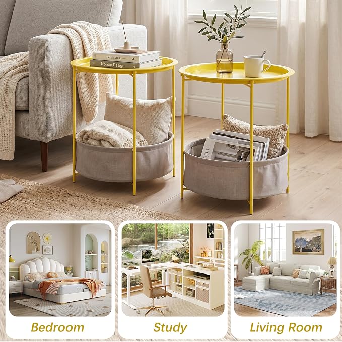 VECELO Round Side/End Table with Fabric Storage Basket，Metal Anti-Rust and Waterproof Small Bedside Nightstand with Removable Tray Top for Living Room，Balcony & Laundry，Yellow /1pcs with Basket